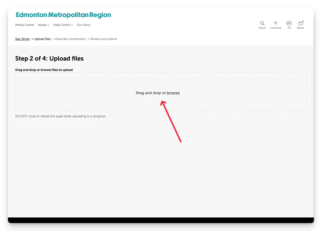 Screenshot of step 2 of the Contribution workflow - Upload files