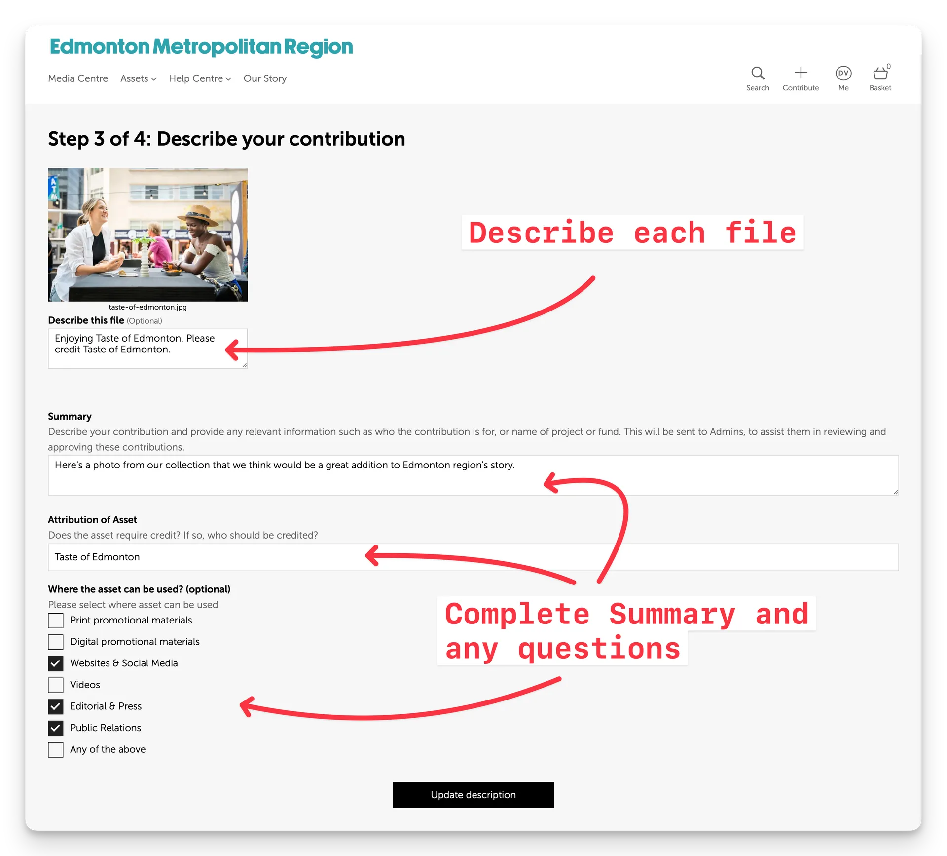 Screenshot of step 3 of the Contribution workflow - Describe contributions
