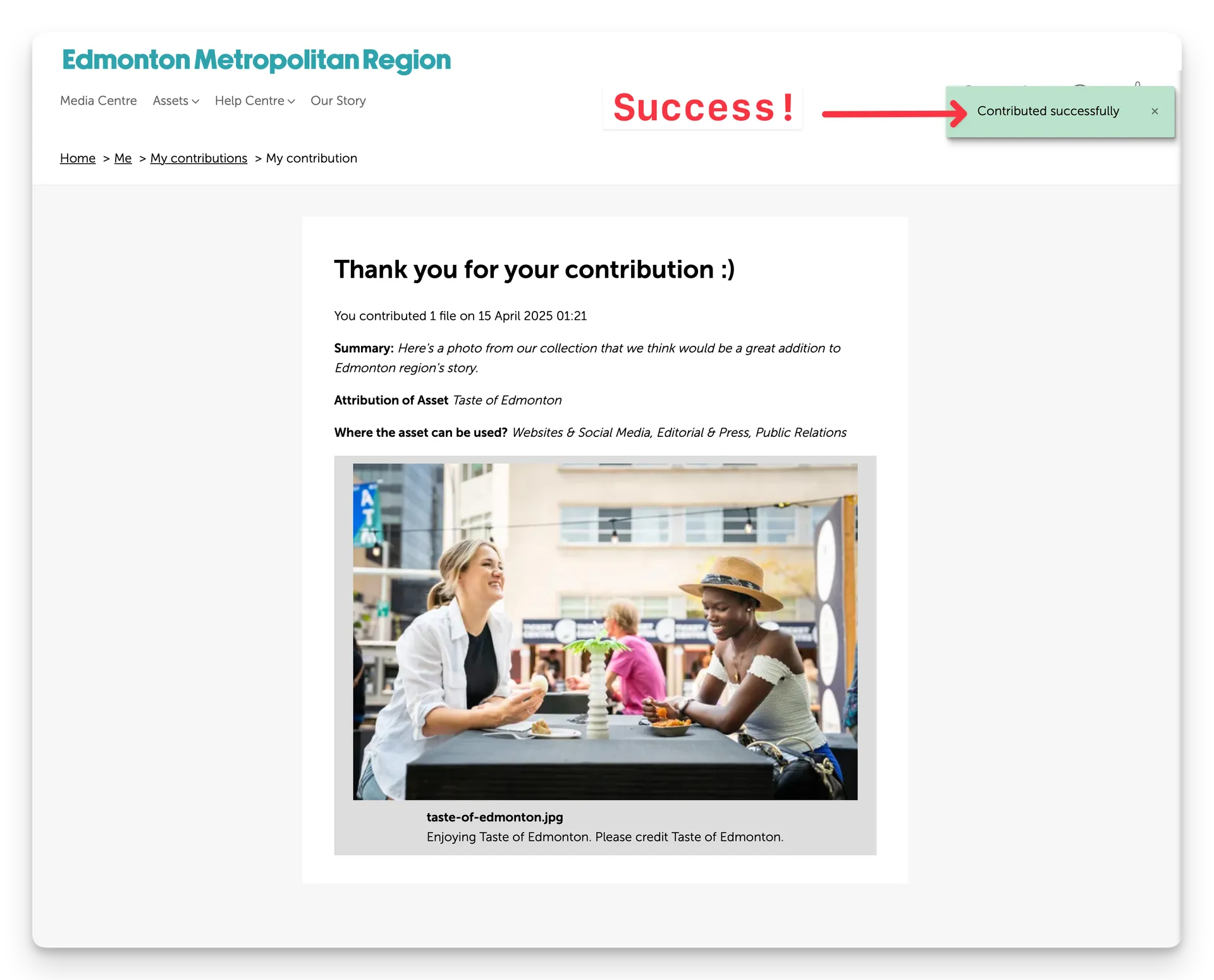 Screenshot of thank you page