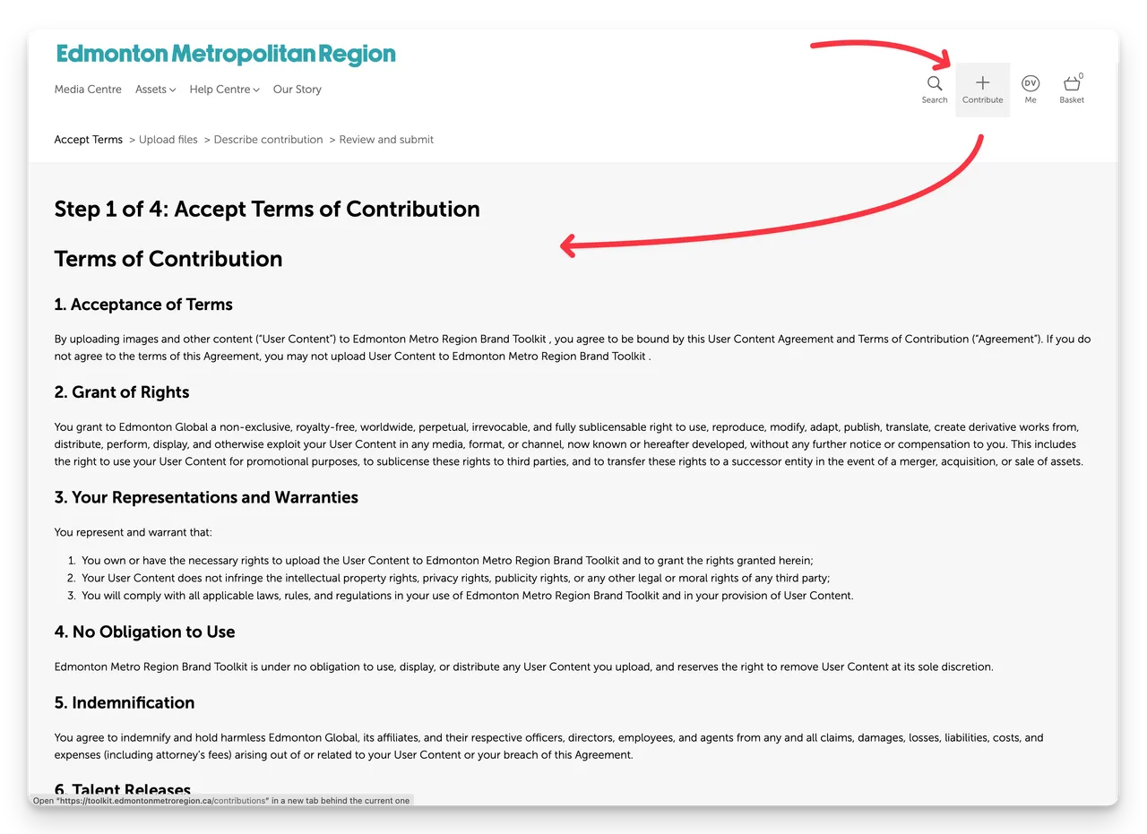 Screenshot of step 1 of the Contribution workflow - Acceptance of terms
