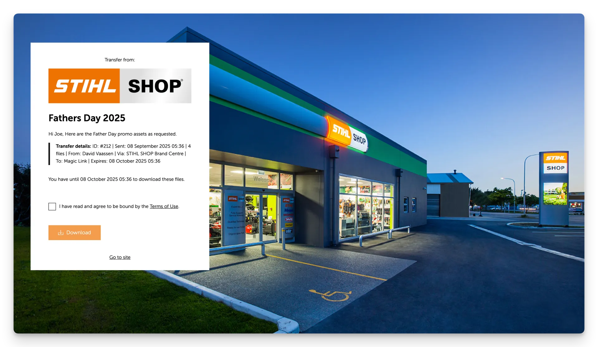 Screenshot of branded share landing page for Stihl Shop using the magick link method