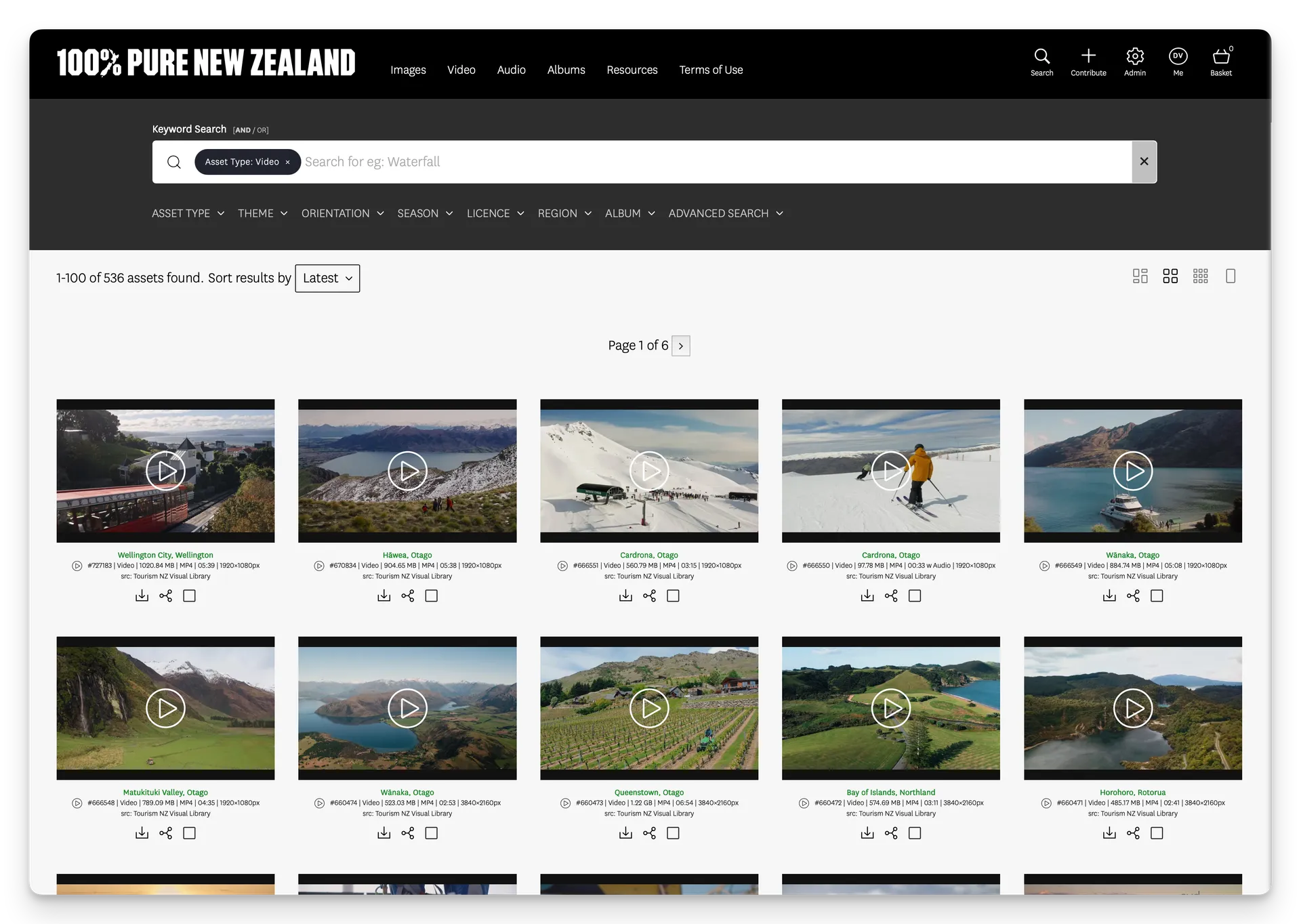 Grid of videos from Tourism NZ's Visual Library
