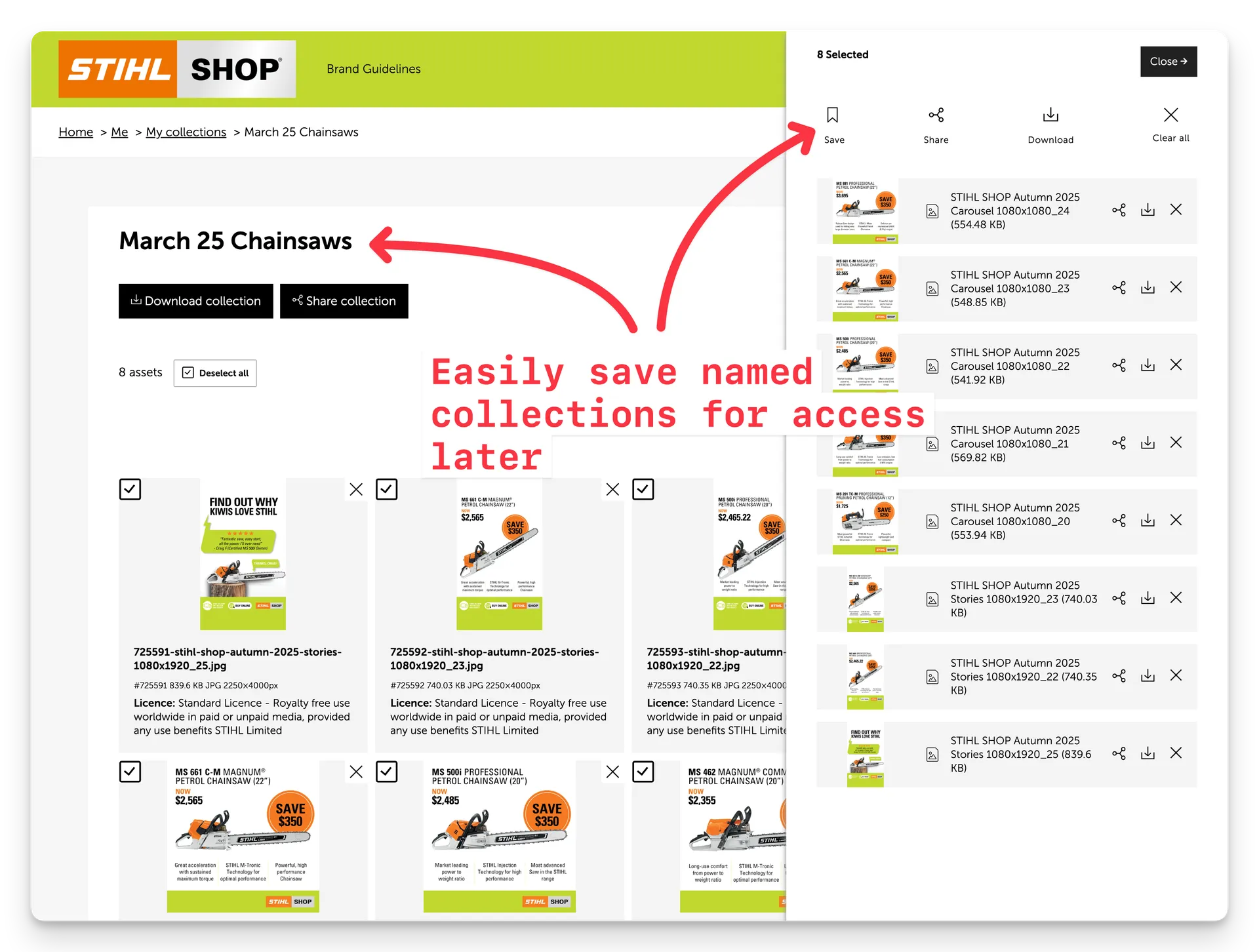 Screenshot of a saved collection in Stihl Shop exammple