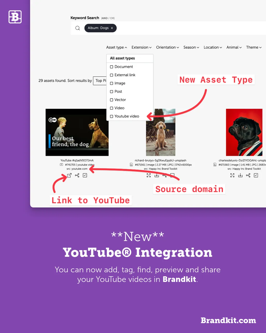 Instagram post graphic announcing YouTube links in Brandkit